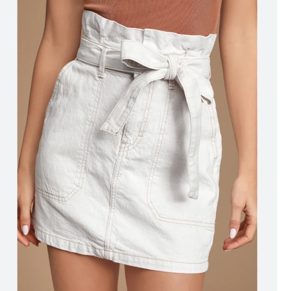Free People Splendor Paper Bag Waist White Denim Mini Skirt with Tie